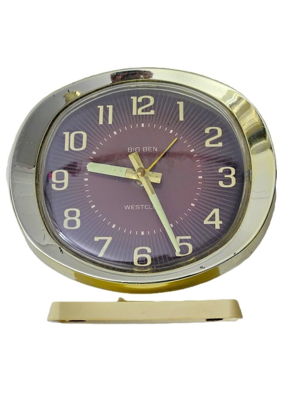 1970s Vintage Westclox Big Ben Alarm Clock Burgundy Dial Gold-Tone